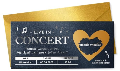 KuschelICH Personalisierte Konzert-Rubbelkarte, DIN Lang | mit Rubbeletikett und Briefumschlag, Premium Folierung, Made in Germany, Golden Ticket