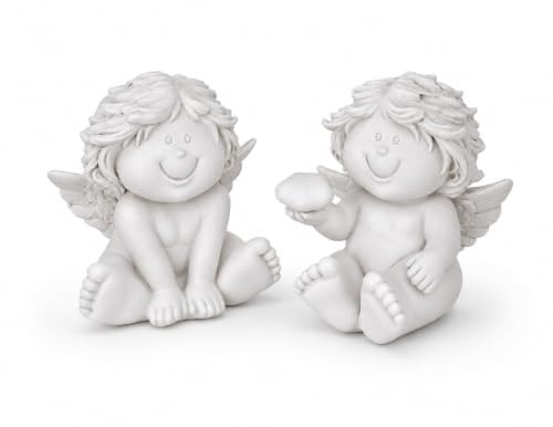 TEMPELWELT® Deko Engel Figur Schutzengel Sitzend träumend im 2er Set je 8 cm, Polystein Creme Weiß, Dekofigur Engelpaar Engelkinder Engelfigur Dekoengel Engelchen