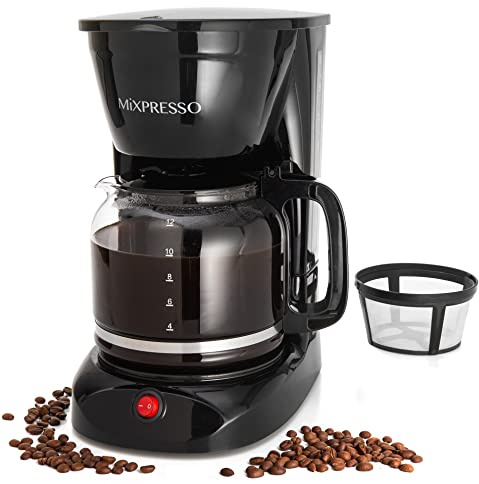 Mixpresso 12 Cup Coffee Pot, Auto-Off & Reusable Filter, Large Drip Coffee Maker, Borosilicate Glass Carafe, Anti-Drip, Water Window, Easy On/Off Switch, Black Coffee Machine