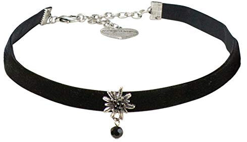 Alpenflüstern Trachten-Samt-Kropfband Strassedelweiss Perle - nostalgische Trachtenkette enganliegend, Kropfkette elastisch, Damen-Trachtenschmuck, Samtkropfband schmal schwarz DHK264