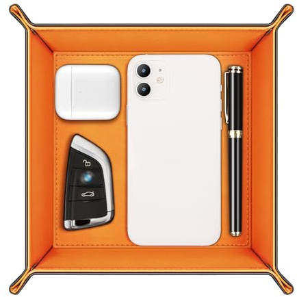 SITHON Taschenleerer - Tablett Organizer, Ablage Aufbewahrungsbox, Kunstleder Ablageschale Schlüsselschale für Uhren Handy Schmuck Schlüssel Münzen Geldbörse und Büroausstattung, (Schwarz/Orange)