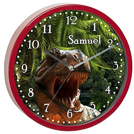 CreaDesign, Wanduhr für Kinderzimmer T-Rex, Kinderuhr rot mit Quarz Uhrwerk, personalisiert mit Name, Durchmesser 19,5 cm