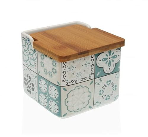 D,casa Salero de Cocina de Cerámica con Tapa de Madera Diseños Originales Mosaico Bicolor - Color Mint