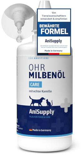 Animal Supply AS Mite Drops – öronkvalster för husdjur 110 ml omedelbart effektivt medel för hundar, katter och husdjur – mot öronkvalster med kamomill, skonsam vård vid klåda i örat