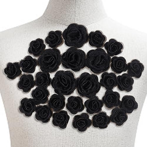 GOMAKERER 30 Stück Blumen-Aufnäher, Schwarze 3D-Blumen-Aufnäher Aus Polyester, Bestickte Applikationen, Blumen-Spitzen-Aufnäher, Handgefertigtes DIY-Zubehör Zum Reparieren Und Dekorieren
