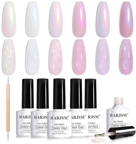 RARJSM Pearl White Gel Nail Polish 6 Light Colors Set Iridescent Pearlescent Mermaid Shell Glitter Gel Polish Purple Blue Pink Red Gold Shimmer Swirl Thread Effect Soak Off LED UV Curing Requires
