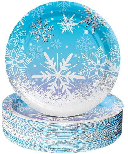 AFZMON 50 Pack Frozen Party Plates Dessert Paper Dinnerware Plates, 7 Inch Winter Snowflake Theme Disposable Round Plate for Christmas Xmas Winter Wonderland Frozen-theme Party Supplies