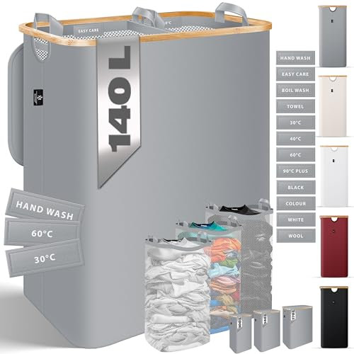 KESSER® Wäschekorb mit Deckel 2 Fächer faltbar 140 Liter Wäschebox Wäschetruhe Wäschekorb Wäschetonne | Wäschesammler mit 3x herausnehmbaren Wäschesäcke | Wäschesortierter inkl. Waschhinweisen Grau