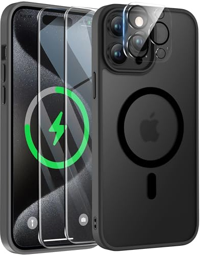 ORETECH Magnetica Cover per iPhone 15 Pro Max, Compatibile con MagSafe, con 2 Pezzi Vetro Temperato & 1 Pezzi Pellicola Fotocamera, Custodia Traslucida Opaca Antiurto Ultra Sottile Hard PC -Nero