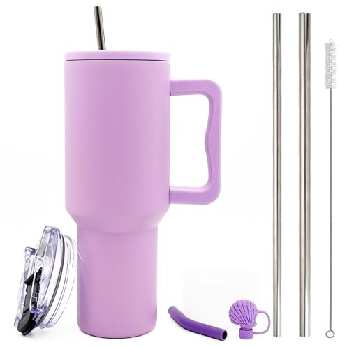 FloweryOcean 1200 ml 40 oz Kaffeebecher to Go,Doppelwandiger Edelstahl Vakuum Isolierbecher mit Griff und Stroh,Autobecher Thermobecher,Kaffeetasse für Heißer, Kalter Getränke,05-Hellviolett