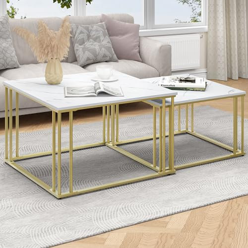 YITAHOME Moderner Couchtisch 2er-Set für Wohnzimmer, weißgraue runde Couchtische aus Holz, Cocktailtische, Beistelltisch mit Stabiler goldfarbener Metallrahmen