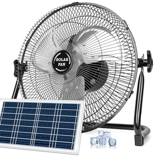 DBF Ventilador solar de 12 pulgadas, 2 en 1 con pilas y panel solar, portátil de piso con 18 velocidades continuas y carga recargable