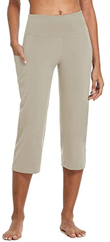 BALEAF Yogabyxor, dam, 3/4, lediga fritidsbyxor, joggingbyxor, raka ben, hög midja, träningsbyxor, arbetsbyxor med fickor, magkontroll för fitness, träning, fritid,, BRUN, L