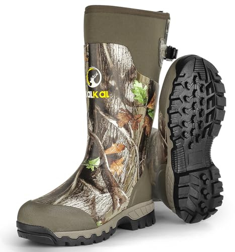 Kalkal Hunting Boots, Waterproof Anti-slip Mens Rain Boots, Insulated Rubber Boots with 6mm Neoprene, for Hunting Working Farming (Green Camo, Size 11)