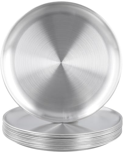 MUKSEUT 12 st 26 cm middagstallrikar i rostfritt stål, runda serveringsfat, metallsilverplattor för fester, bufféer, underhållning, biffgrill