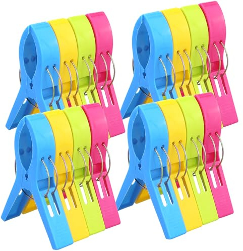 16 Stück 4 Farben Große Wäscheklammern Handtuchklemmen, Strandtuch, Strandtuchklammern Handtücher Towel Clips, Winddicht Klammern auf Strand und Sonnenliegen für Wäsche