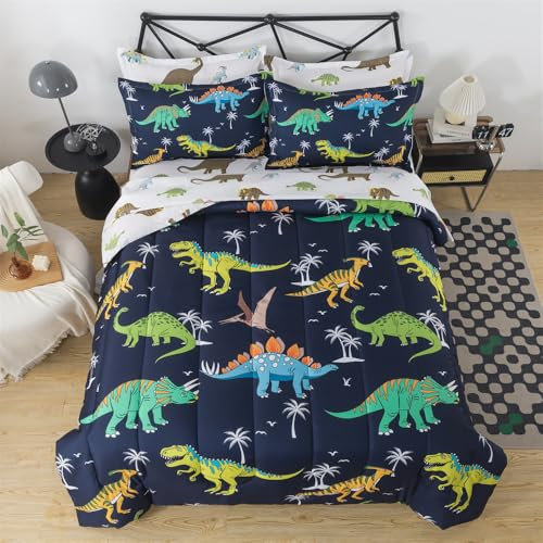 lishjekee 7 Pieces Dinosaur Comforter Full Kids Jungle Dinosaur Bedding Set Bed in A Bag for Boys T-Rex Dino Comforter and Sheets Set for Teens Girls Coco Animal Bed Sets Home Decor
