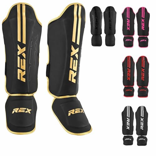 Rex Boxing Shin Guard Muay Thai Instep Leg Protector for Martial Arts, Kickboxing, BJJ, Karate, PU Leather reinforced MMA Shin Instep (BLACK/GOLD, S)
