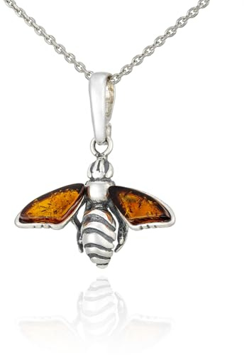 AMBEDORA Collar de mujer con abeja mod. 10 con ámbar, plata de ley oxidada, ámbar báltico en color coñac, colgante de plata en cadena, Plata esterlina, Ámbar