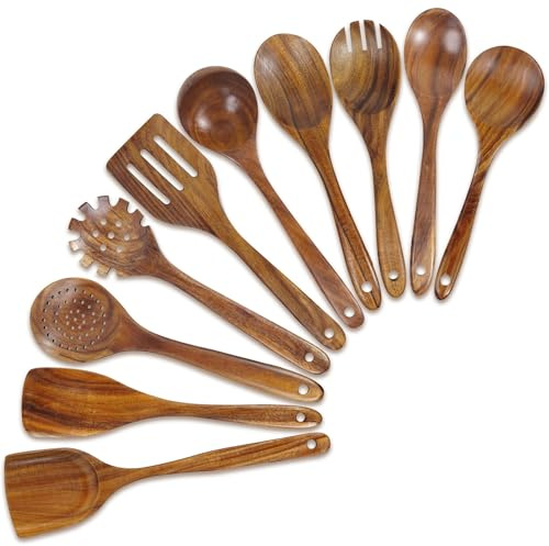 FJNATINH 10-teiliges Set Holzlöffel zum Kochen Küchenutensilien-Set aus Teakholz Kochen, Rühren, Backen Antihaftbeschichtetes,Einzugsgeschenke