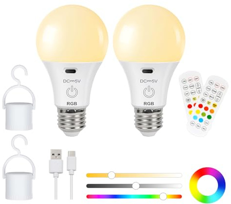 FRIDEKO HOME 2 Stück Aufladbare Glühbirne mit Fernbedienung E27 Smart RGB | Touch Control Dimmbare Akku Lampe mit Timing/Nachtlicht/Warmweiß Neutralweiß Kaltweiß für Wandlampen/Tischlampen