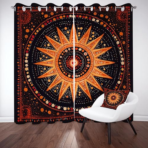 Bohemian Sonne Vorhang mit Ösen 2er Set, Traditionelle Volkskunst Blackout Curtain Lärmschutzvorhang, Gepunktet Abstrakte Blumen Gardinen Blickdicht 180 cm Lang 70 cm Breit fur Schlafzimmer Wohnzimmer