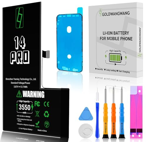GOLDWANGWANG Batterie pour iPhone 14 Pro, 3550mAh de Haute Capacité, Compatible avec A2650/A2889/A2890/A2891/A2892, 0 Cycles, Kit de Réparation Complet, Certifiée CE/RoHS/FCC/PSE