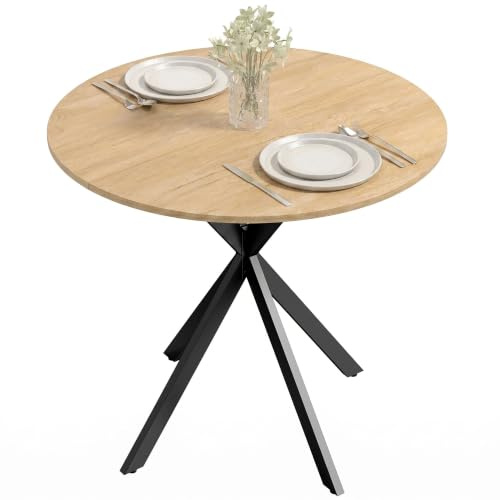 HOMCOM 80cm Round Dining Table, Small Industrial Cross Steel Legs White Oak