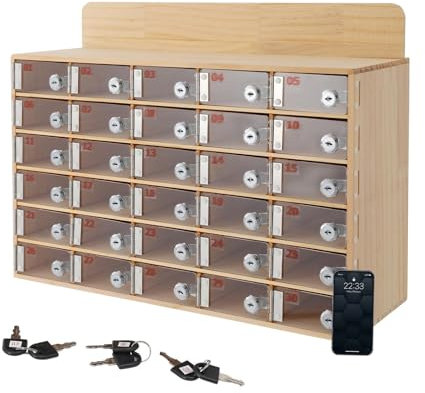 Aufbewahrungsbox für Mobiltelefone aus Holz, Telefonschließfach mit 30 Steckplätzen und durchsichtigen Acryltüren, Wandmontage oder freistehender Aufbewahrungsschrank mit individuellen Schlüsseln, f