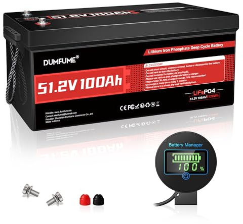 Dumfume 48V 100Ah LiFePO4 Lithium Batterie, 5,12kWh für Golfkart | 200A BMS, 15000 Zyklen - 48 Volt Lithium Akku für Solarstromspeicher & Komplette Off-Grid Systeme