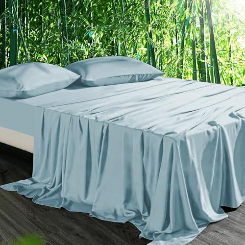Gezu Bambus Lyocell Spannbettlaken 90x200cm Blau 100% Bambusseide | Antibakteriell Spannbetttücher Boxspringbett Frottee Topper Glänzend Bettlaken Spannbetttuch 90x200 für bis 30cm Matraze