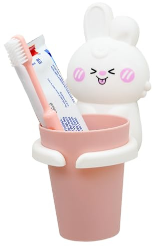 Cute Kids Toothbrush Holder with Cup & Toothpaste Wall Mounted, Adhesive Bathroom Organizer - Kids Bathroom Decor Accessories, Animal Toothbrush Holders for Kids - White Rabbit