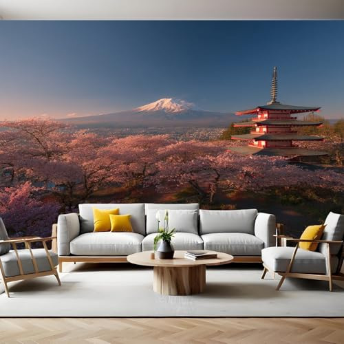 Montagna di Neve Carta da Parati Fiori di ciliegio giapponesi e soffitta Fotografica 3D Effetto 400x280 cm TNT Murale Decor da Muro Soggiorno Camera da Letto Sala Cucina Camera dei Bambini