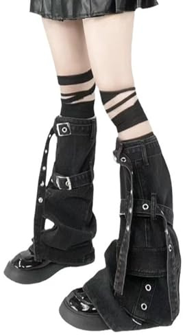 Jambières punk cargo en denim avec boucle en métal et poches - Couvre-bottes - Bas évasés pour femme, Noir , taille unique