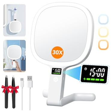 Auxmir Espejo Maquillaje con Luz, Doble Cara 30X/1X Aumento 56 Leds – 2500mAh Recargable USB, Pantalla Inteligente de Reloj y Batería, para Colgar en Pared o Uso de Mesa y Mano, Portátil para Viaje