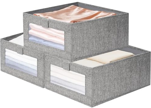 lompyeu Cajas de Almacenaje (40 x 27 x 17 cm), organizador de armario de tela, Contenedores con ventana transparente para ropa, libros, cosméticos y juguetes (3 Pcs Cajas de Almacenaje)