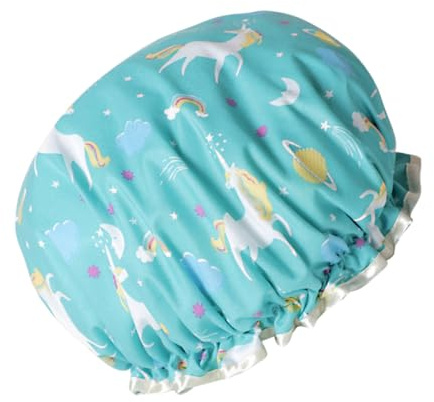 Gogogmee Wasserdichte Duschhaube mit Doppelter Schicht Ölresistent Leichter Badekappen haarschutz für Damen Küche und Spa Blaues Einhorn design
