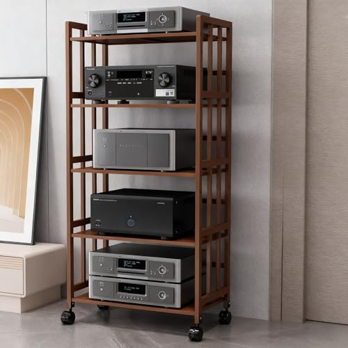 LIMENQIN Mobiles Bambus Audio-Rack, AV-Medienständer auf Rollen, HiFi Rack Schallplatten Regal, Offener Plattenspieler Schrank, mit Verstellbaren Einlegeböden(Brown,5 Tier 55x38x158cm)