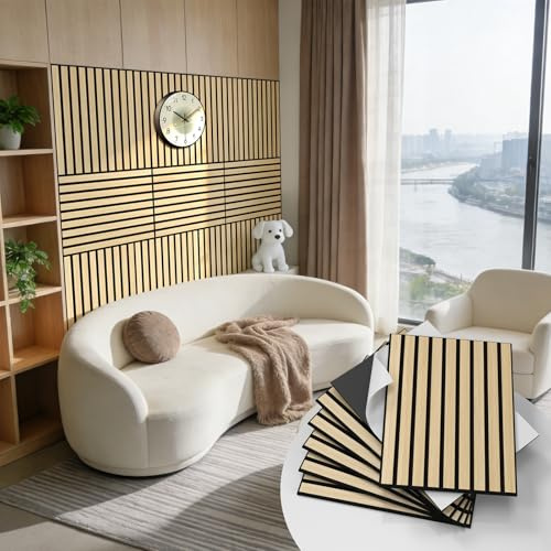 WADILE Panneaux Muraux à Lattes Bois Autocollants 30×40 cm – Panneaux Acoustiques Décoratifs en PVC Insonorisés pour Salon et Chambre, Mur d’Accent – Lot de 16