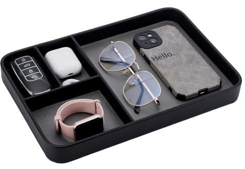 UNICRAFTALE Elegantes PU Tablett Mit Mehreren Fächern Für Schlüssel Geldbörse Uhr Schmuck Und Andere Wichtige Dinge In Klassischem Schwarz 4cm Ideal Für Nachttisch Und Schreibtisch