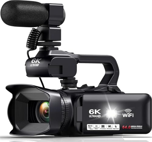 Videocamera professionale 6K 60FPS for fotografia, streaming live WiFi 64MP, videocamere webcam Registratore Vlog con zoom digitale 18X Vlogging(Mic)