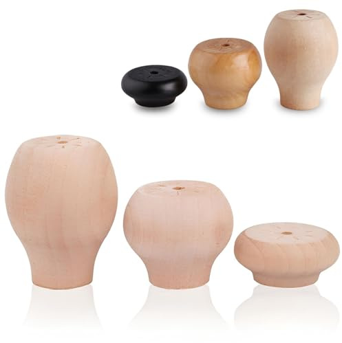 Unfinished Wooden Bun Feet Set Of 4 - Round Short Furniture Replacement Legs For Kitchen Sofas Ottoman Dressers - Self-adhesive/Drill-hole Installation(Unpainted,4cm/1.6″)