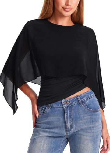 HAWILAND 2 in 1 Tank Top Damen mit Chiffon Mesh Poncho Sommer | Elegantes Asymmetric Lagenlook Shirt Kaschierendes Figurbetontes Party Oberteil Fließende Ärmel Für Club Festival