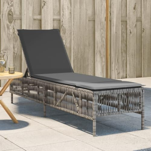 GeenYuu Sonnenliege Gartenliege mit Auflage Grau Poly Rattan, verstellbare Rückenlehne, wetterfest, klappbar, mit Kissen für Terrasse Balkon Pool, stabile Rollliege für entspannte Momente