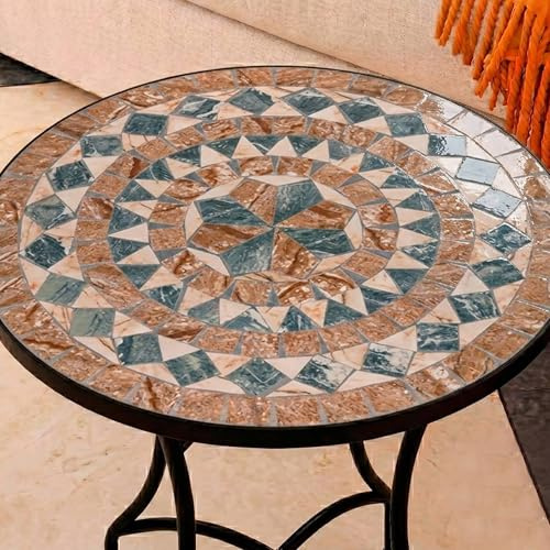 Mesa Auxiliar de Patio de Mosaico Redonda - Mesa de Café para Jardín y Terraza con Patas de Hierro Forjado Antióxido, Mesa Pequeña Decorativa para Exterior e Interior, Ø60x71, Modelo Patrik