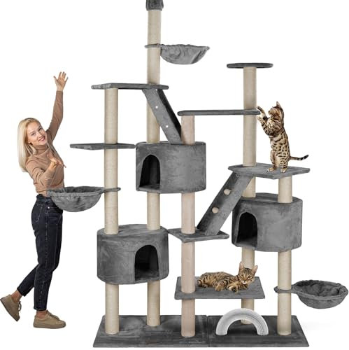 HAPPYPET XXL Kratzbaum Simba deckenhoch 260 cm - Kletterbaum Paradies, Extra Breit, Höhlen, Liegemulden, Großer Katzenbaum Stabil für Katzen, 9 cm Säulen, viel Zubehör