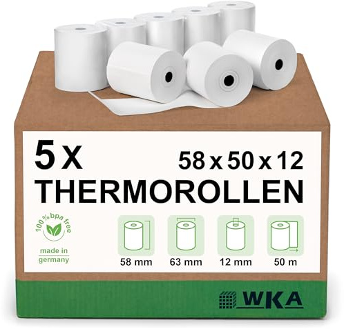 WKA Thermorollen, 58 mm x 50 m x 12 mm, 5 Rollen | Bonrollen, Kassenrollen, Thermo-Bonrollen
