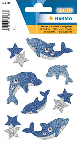 HERMA 6436 Glitter Dolphins Self-Adhesive Foil Stickers for Boys Girls or Album, 8 Animal Stickers for Children