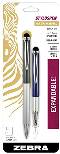 Zebra Pen, StylusPen, 1.0mm Black Ink Ballpoint Pen with 8.0mm Stylus, Expandable Compact Design for Pockets and Purse, Dual-Purpose Touchscreen Tool, 2-Pack (33602)