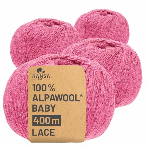 HANSA-FARM | 100% Baby Alpakawolle in 50+ Farben (kratzfrei) - 200g Set (4 x 50g) - weiche Alpaka Wolle zum Stricken & Häkeln in 6 Garnstärken by Hansa-Farm - Himbeersahne Heather (Rosa/Pink)